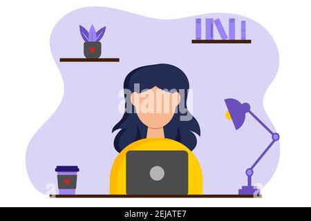 Student character learning online at home. Girl sitting at a table and working with laptop. Online education concept. Flat vector illustration. Stock Vector