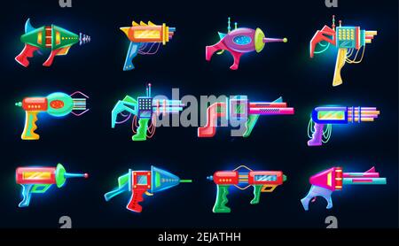 Collection of neon vector cartoon style flat illustration of futuristic colorful blasters glowing in the dark. Stock Vector