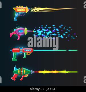 Vector cartoon style set of colorful glowing in dark neon blasters with glowing shoot rays. Stock Vector