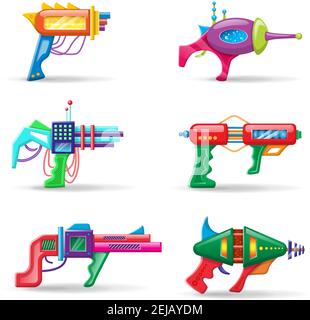 Vector cartoon style flat illustration of futuristic colorful blasters isolated on white background. Stock Vector