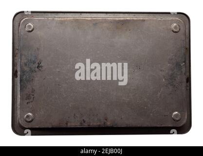rusty rectangular baking sheet isolated on white background, close up Stock Photo