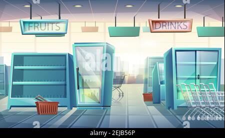 Vector cartoon style flat supermarket with vending machines, shelves with food and drinks, shopping cart and basket. Stock Vector