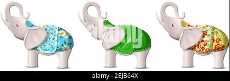 Vector cartoon flat style lucky elephants with lifted up trunks. Isolated on white background illustration. Stock Vector