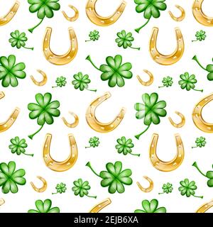 Vector seamless patter of good luck, with horseshoe and clever leaves. Stock Vector
