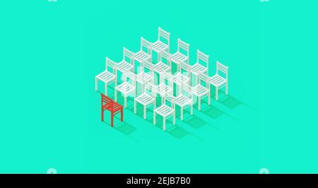 Red chair in front of white chairs, audience speaker concept idea, 3D rendering. Standing out from the crowd symbol. Stock Photo