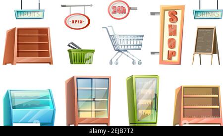 vector cartoon style supermarket shop elements. Shopping cart, product shelves, basket, signs of food and drinks. Isolated on white background. Stock Vector
