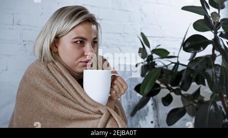 ill woman, wrapped in blanket, holding cup of warm tea while looking away in bedroom Stock Photo