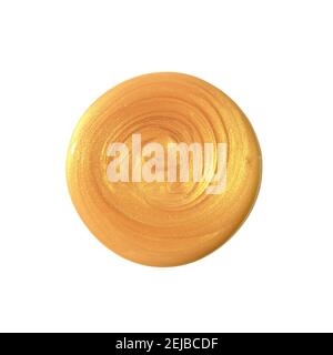 Gold circle of paint. Golden brush stroke isolated on white background. Beauty texture. Flat lay, top view. Stock Photo