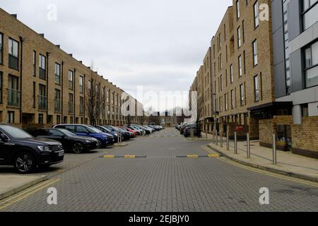 WALTHAMSTOW, LONDON - 22ND FEBRUARY 2021: Apartments at Parade Gardens, the former sight of the Walthamstow Stadium greyhound racing track. Stock Photo