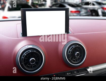 Monitor in car with isolated blank screen use for navigation maps and GPS. Isolated on white with clipping path. Car detailing. Car display with blank Stock Photo