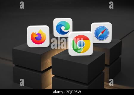 Battle of the browsers concept: Logos of the main browser apps Mozilla Firefox, Microsoft Edge, Google Chrome and Apple Safari (l.t.r.) Stock Photo