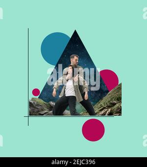 Stylish and fashionable woman and man, geometric modern design. Contemporary art. Creative conceptual collage urban styled with nature landscape elements. Copy space for text, design, ad. Stock Photo