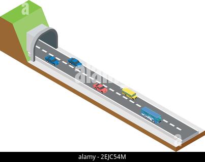 isometric concept highway. cars and street lights, vector illustrations Stock Vector
