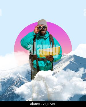 Contemporary art collage. Happy african - american man traveller looking through binoculars isolated on geometric background. Copy space for text, design, ad. Modern creative artwork. Stock Photo