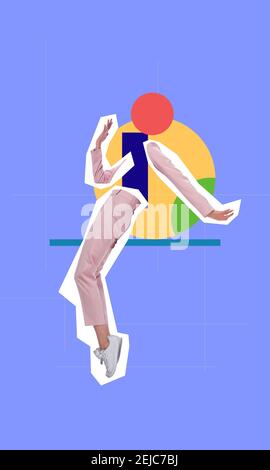 Contemporary art collage. Surrealism. Young girl, woman, hands and legs dancing isolated over geometric bright background. Copy space for text, design, ad. Vertical composition. Flyer. Stock Photo