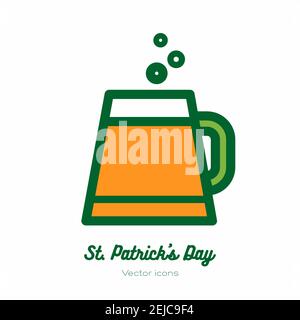 Saint Patricks day beer glass, pint mug, tankard vector icon. Orange green line art flat icon for logo, sign, button Stock Vector