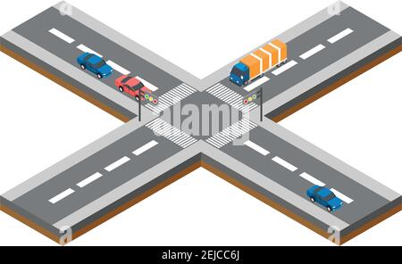isometric concept highway. cars and street lights, vector illustrations Stock Vector