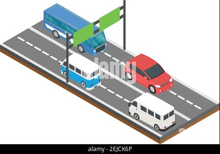isometric concept highway. cars and street lights, vector illustrations Stock Vector