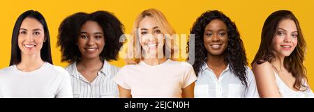 Five Diverse Women In Group Portrait Over Yellow Background, Collage Stock Photo