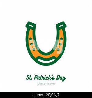 Saint Patricks day lucky horseshoe vector icon. Orange green line art flat icon for logo, sign, button Stock Vector