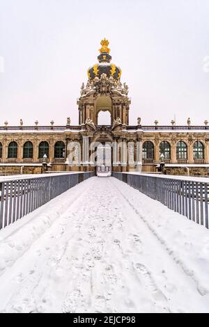 The Crown Gate, the entrance to the Zwinger, in winter, covered in snow. Stock Photo