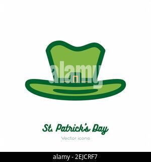 Saint Patricks day leprechaun hat, top hat vector icon. Green orange line art flat icon for logo, sign, button Stock Vector