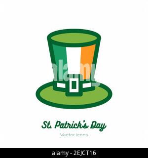 Saint Patricks day leprechaun hat Ireland flag, top hat vector icon. Green orange line art flat icon logo, sign, button Stock Vector