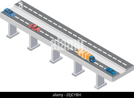 isometric concept highway. cars and street lights, vector illustrations Stock Vector