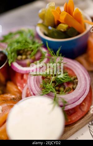 Smoked Salmon at Russ & Daughters Cafe opened in 2014, on the 100th anniversary of Russ & Daughters.  One of the 10 best restaurants in New York City. Stock Photo