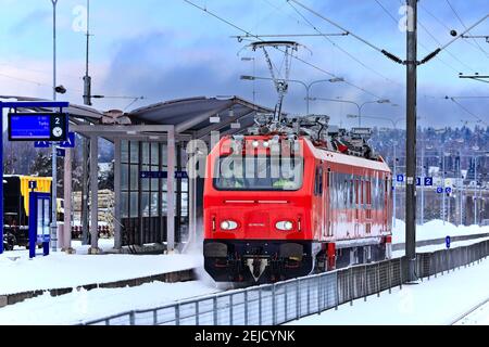 Finnish State Railways Ttr99 MEERI track inspection vehicle by Italian Mermec inspecting Coastal Railway. Salo Railway station, Finland. Feb 12, 2021. Stock Photo