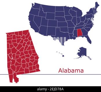 Alabama counties vector map outline with USA map colors national flag Stock Vector