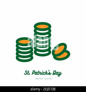 Saint Patricks day magic gold coins vector icon. Orange green line art flat icon for logo, sign, button Stock Vector