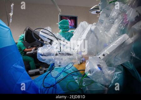 In the operating room, a hysterectomy with a surgical robot. Stock Photo