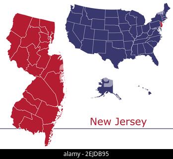 New Jersey counties vector map outline with USA map colors national flag Stock Vector