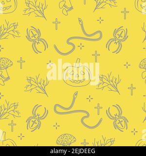 Halloween vector seamless pattern with pumpkins, branches, spiders, snakes, crosses. Design for decoration, wrapping, greeting cards, web page backgro Stock Vector