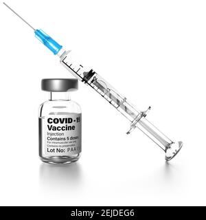 Coronavirus vaccine vial and syringe. Still life White background, cut out. COVID 19 label. Vaccination, immunisation. Stock Photo