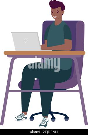 young afro man using laptop in desk online learning vector illustration design Stock Vector