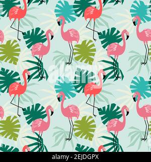 Flamingo and tropical leaves seamless pattern. Cute animal in tropical concept. Stock Vector