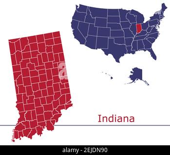 Indiana counties vector map outline with USA map colors national flag Stock Vector