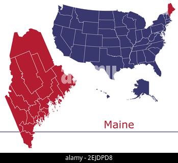 Maine counties vector map outline with USA map colors national flag Stock Vector