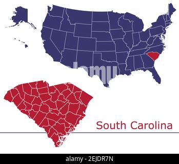 South Carolina counties vector map outline with USA map colors national flag Stock Vector