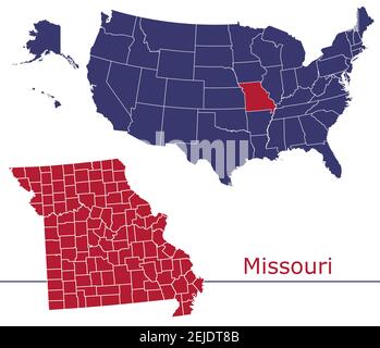 Missouri counties vector map outline with USA map colors national flag Stock Vector