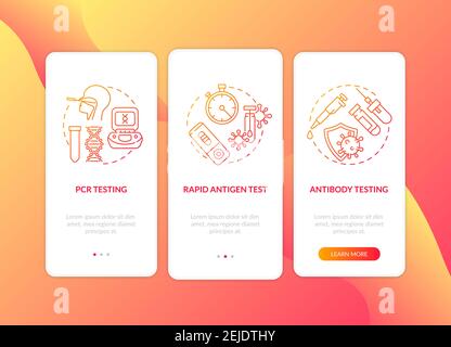 Covid-19 testing types onboarding mobile app page screen with concepts Stock Vector
