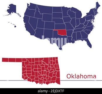 Oklahoma counties vector map outline with USA map colors national flag Stock Vector