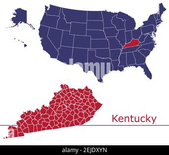 Kentucky counties vector map outline with USA map colors national flag Stock Vector