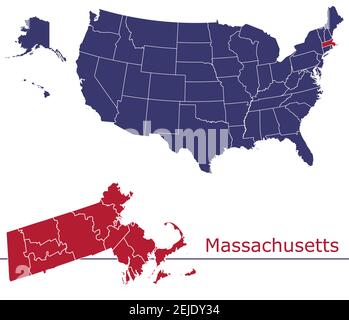 Massachusetts counties vector map outline with USA map colors national flag Stock Vector