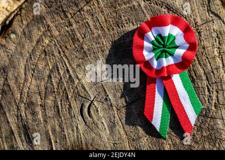 close up tricolor rosette symbol of the hungarian national day 15th of march . Stock Photo