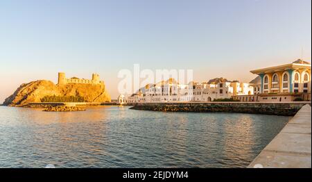 View of Al Alam Royal Palace and Al Jalali Fort in Muscat, Oman Stock Photo