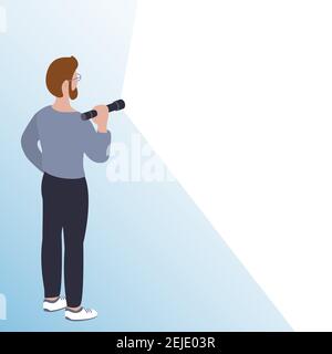 A young man stands with a flashlight on. Empty space for text. Vector template illustration. Stock Vector