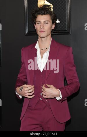 LOS ANGELES, CALIFORNIA, USA - JANUARY 26: Singer Shawn Mendes wearing a Louis  Vuitton suit and Bvlgari jewelry arrives at the 62nd Annual GRAMMY Awards  held at Staples Center on January 26